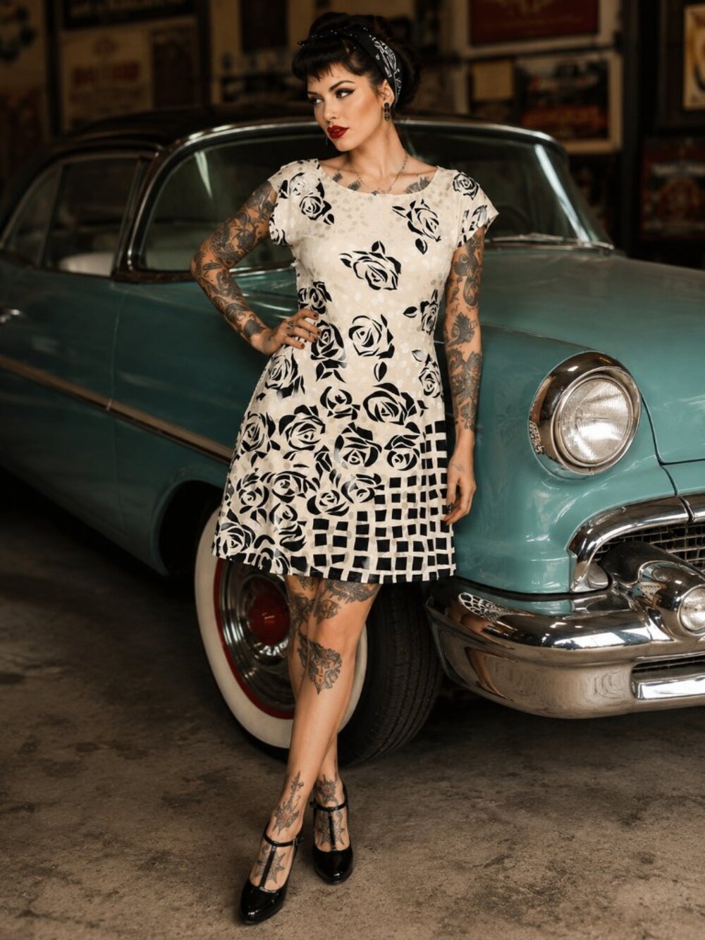 Langade VEDA Black & Ivory Rose Print Convertible Shift Dress Vintage 80s